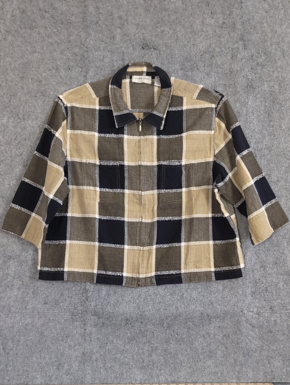 Lemon Grass Plaid Cotton Utility Jacket in Black & Brown XL